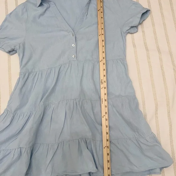 ZARA Linen Blend Tiered Babydoll Mini Dress Blue Medium Coastal Summer - Picture 7 of 7
